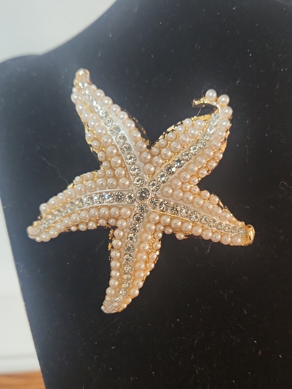 Pearl & Crystal Starfish Brooch - Gold Tone